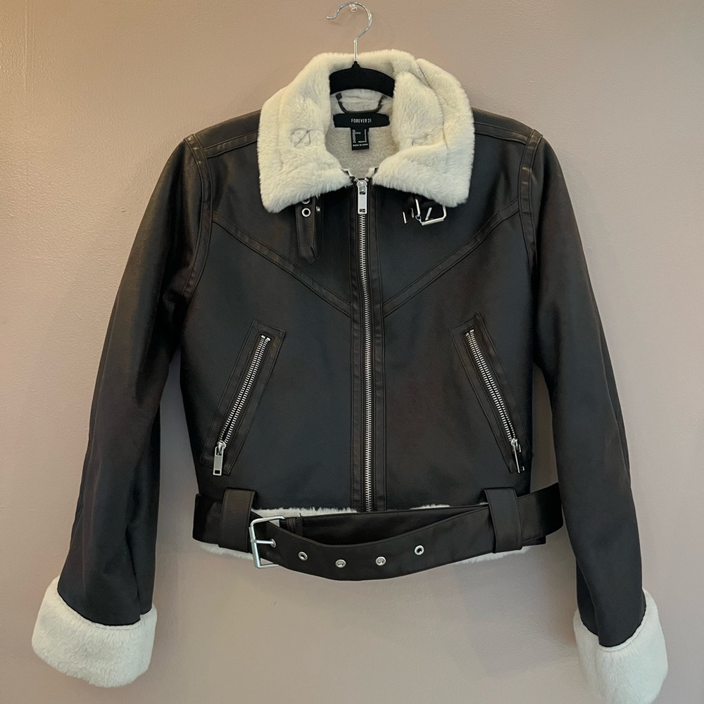 Women's Brown Leather Jacket with White Fur Trim